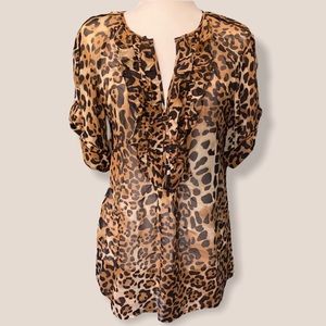Nanette Lepore Leopard Ruffle Silk Keyhole Blouse